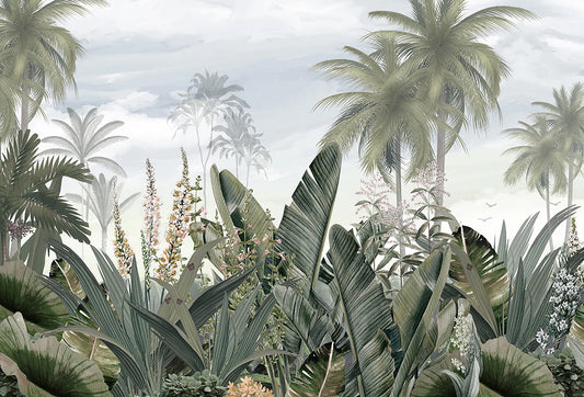 Papel tapiz Phuket con exuberante vegetación tropical, palmeras y follaje en tonos verde salvia y gris