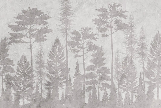 Papel tapiz con siluetas de pinos y bosque nórdico en tonos grises con fondo texturizado