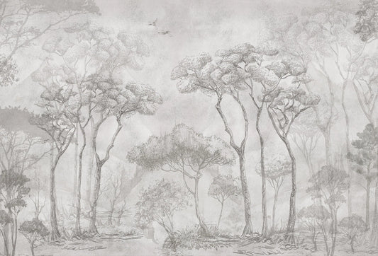 Papel tapiz mural con ilustración estilo boceto de pinos en tonos grises y fondo claro