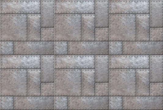 Papel tapiz con diseño de placas de metal gris remachadas en estilo industrial para pared