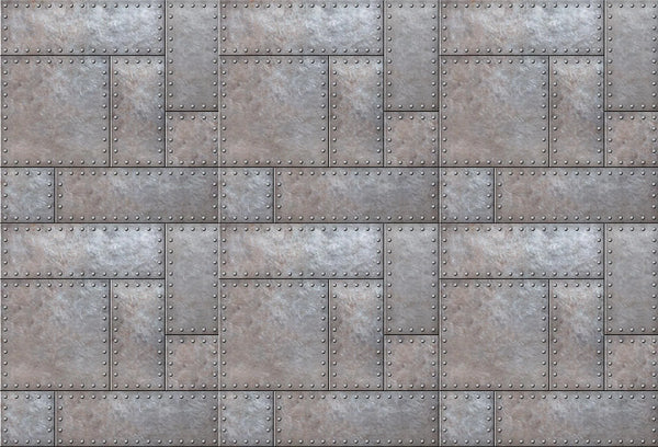 Papel tapiz con diseño de placas de metal gris remachadas en estilo industrial para pared