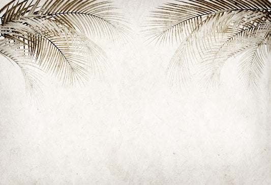 Papel tapiz mural con hojas de palmera en tono sepia sobre fondo beige texturizado