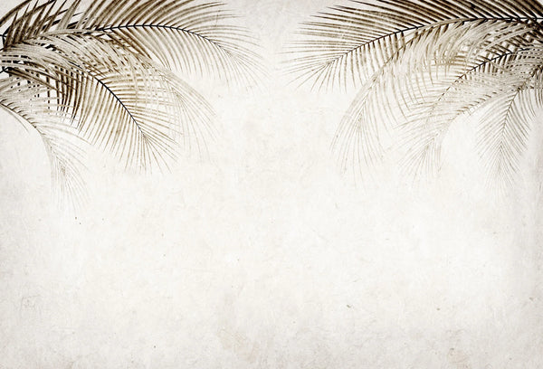 Papel tapiz mural con hojas de palmera en tono sepia sobre fondo beige texturizado