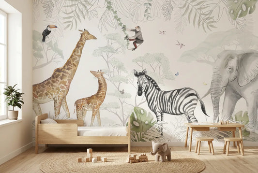 Papel tapiz Planeta Safari instalado en una habitación infantil