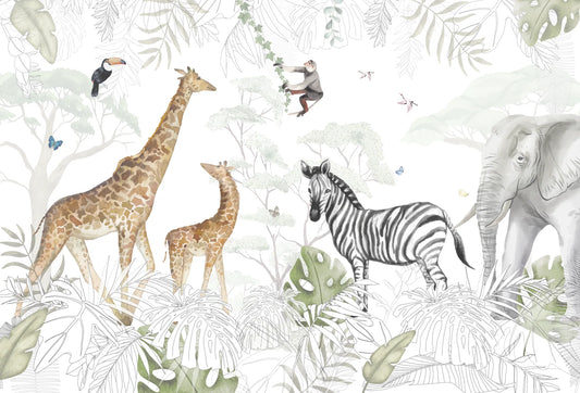 Papel tapiz mural safari infantil con jirafas, cebra y elefante en tonos acuarela suaves