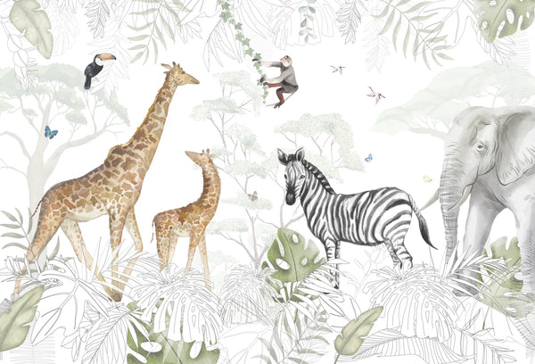 Papel tapiz mural safari infantil con jirafas, cebra y elefante en tonos acuarela suaves