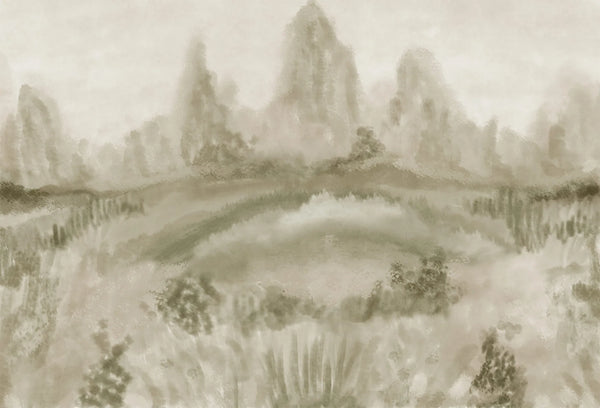 Papel tapiz mural con paisaje montañoso difuminado en tonos beige, crema y verde oliva suave estilo pintura.