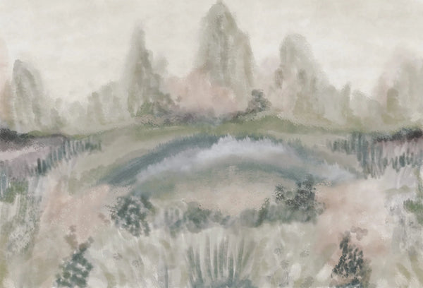 Papel tapiz mural de paisaje abstracto con pinceladas suaves en tonos verde salvia, beige y gris neblina.