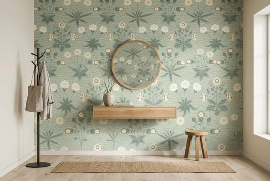 Papel tapiz Pradera Salvia instalado en un recibidor de estilo nórdico