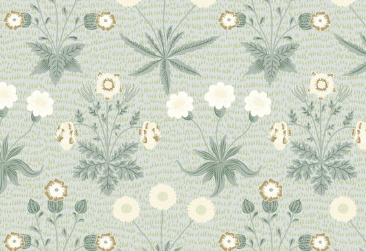 Papel tapiz con patrón botánico vintage de flores silvestres en verde salvia y crema
