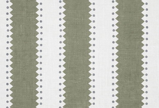 Papel tapiz con franjas verticales verde salvia de bordes dentados y puntos grises sobre fondo blanco texturizado.