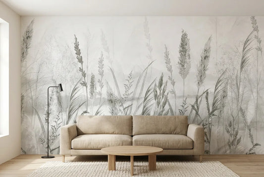 Papel tapiz Prado Silvestre instalado en una sala de estar minimalista