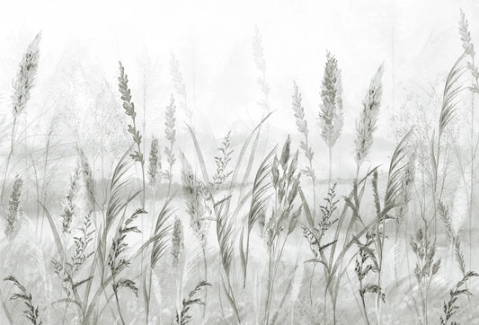 Papel tapiz mural botánico con ilustración de espigas y pastos silvestres en suaves tonos grises y blancos.