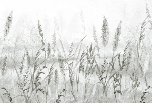 Papel tapiz mural botánico con ilustración de espigas y pastos silvestres en suaves tonos grises y blancos.