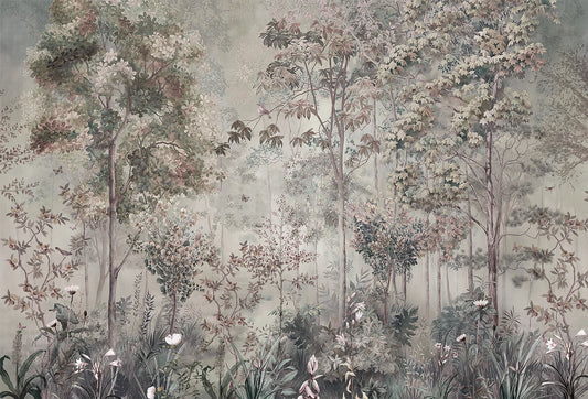 Papel tapiz mural de bosque botánico con árboles, flores y aves en tonos verde salvia y gris neblina.