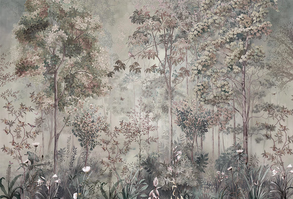 Papel tapiz mural de bosque botánico con árboles, flores y aves en tonos verde salvia y gris neblina.