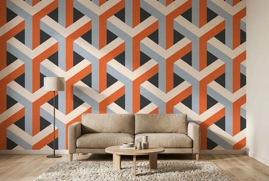 Papel tapiz Prisma Retro instalado en una sala de estar minimalista