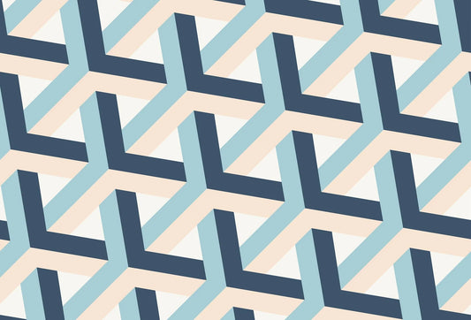 Papel tapiz geométrico 3D con patrón isométrico entrelazado en azul marino, celeste y beige