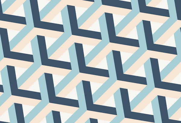 Papel tapiz geométrico 3D con patrón isométrico entrelazado en azul marino, celeste y beige