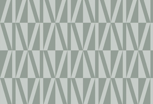 Papel tapiz con patrón geométrico retro de líneas y triángulos en tonos verde salvia y gris ceniza.