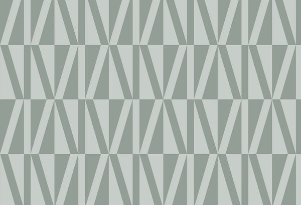 Papel tapiz con patrón geométrico retro de líneas y triángulos en tonos verde salvia y gris ceniza.