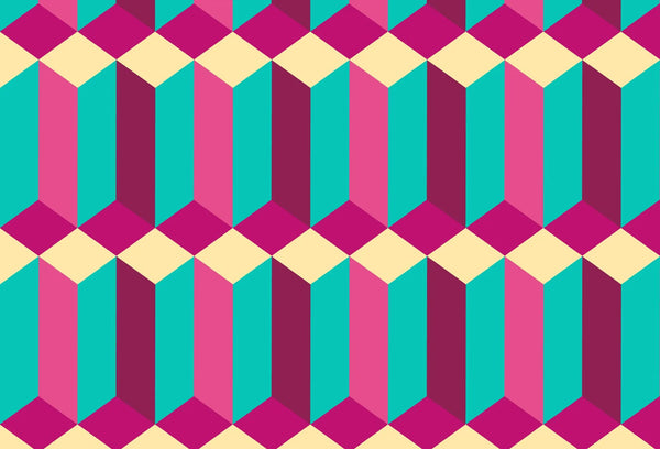 Papel tapiz con patrón geométrico tridimensional de prismas en tonos fucsia, turquesa y crema.