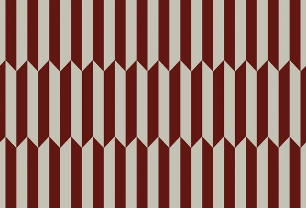 Papel tapiz con patrón geométrico en zigzag de franjas verticales en rojo borgoña y crema retro.