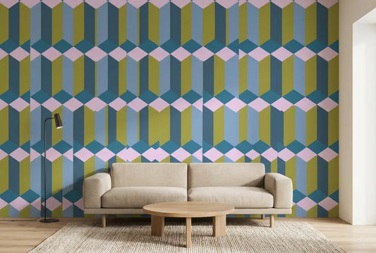 Papel tapiz Prisma Retro VI instalado en una sala de estar minimalista