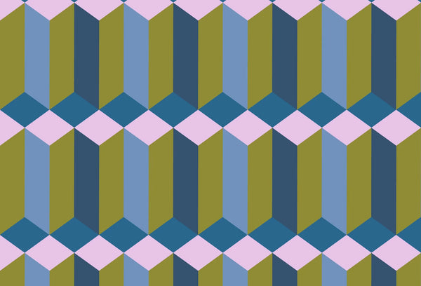 Papel tapiz con patrón geométrico 3D estilo retro en tonos verde oliva, azul petróleo y rosa.