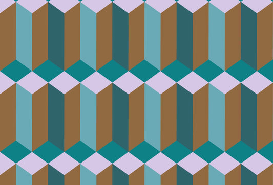 Papel tapiz con diseño geométrico retro de prismas tridimensionales en tonos turquesa, marrón y lila