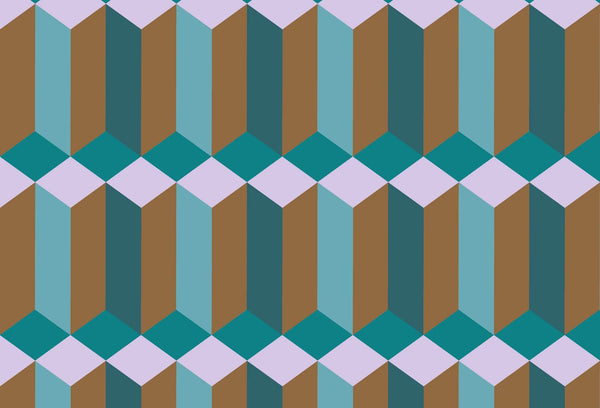 Papel tapiz con diseño geométrico retro de prismas tridimensionales en tonos turquesa, marrón y lila