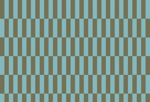 Papel tapiz con diseño geométrico retro de bloques verticales alternados en celeste y marrón topo
