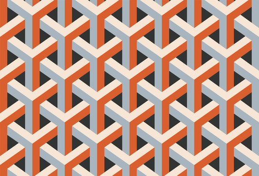 Papel tapiz con patrón geométrico isométrico 3D en tonos naranja terracota, gris azulado y crema.
