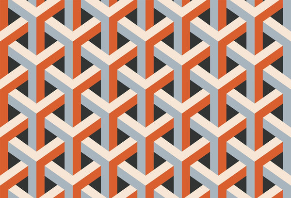 Papel tapiz con patrón geométrico isométrico 3D en tonos naranja terracota, gris azulado y crema.