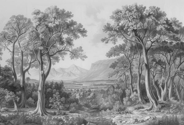 Papel tapiz mural con grabado panorámico de árboles frondosos y montañas lejanas en escala de grises.