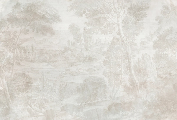 Papel tapiz mural con grabado clásico de paisaje campestre y árboles en tonos beige claro y marfil.