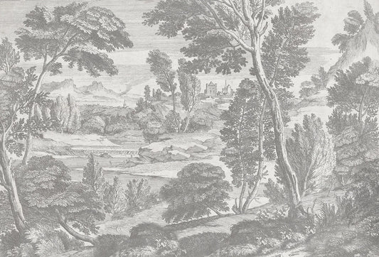 Papel tapiz mural con grabado clásico de paisaje campestre y árboles en tonos gris y blanco
