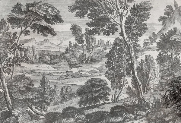 Papel tapiz mural con paisaje campestre europeo estilo grabado clásico en blanco y negro con árboles y colinas.