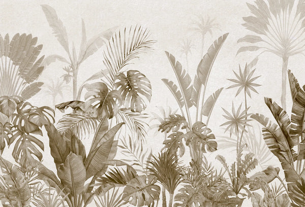 Papel tapiz mural botánico con palmeras, costillas de Adán y follaje tropical en tonos sepia y beige.