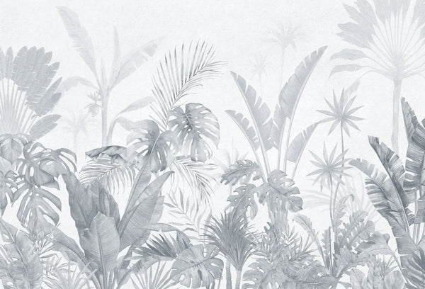 Papel tapiz mural botánico de estilo selva tropical con monsteras y palmas en tonos grises y blanco.