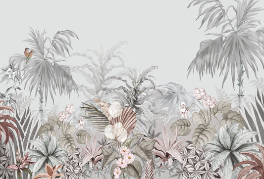Papel tapiz mural botánico con palmeras y flores tropicales en tonos grises y rosa pastel.
