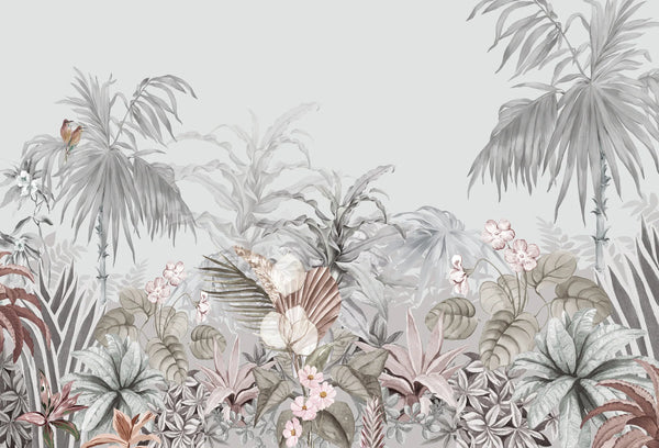 Papel tapiz mural botánico con palmeras y flores tropicales en tonos grises y rosa pastel.