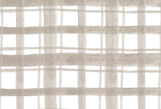 Papel tapiz con diseño de cuadrícula estilo acuarela en tonos beige y blanco con textura visual suave