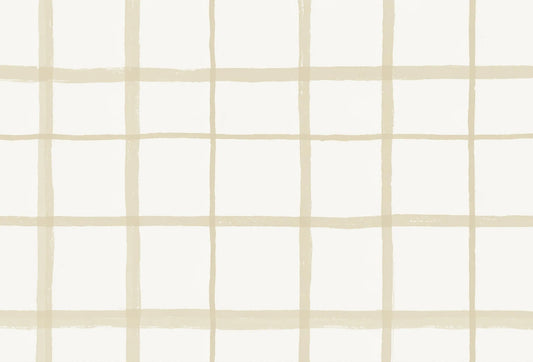 Papel tapiz con diseño de cuadrícula en trazos beige arena sobre fondo blanco cálido