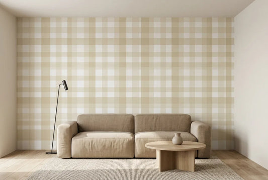 Papel tapiz Quadrille Beige instalado en una sala de estar minimalista