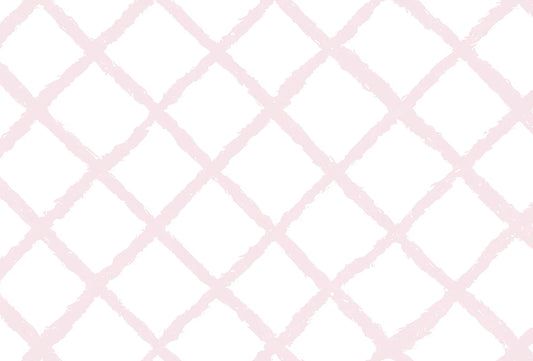 Papel tapiz con diseño de cuadrícula diagonal en trazos rosa pastel sobre fondo blanco