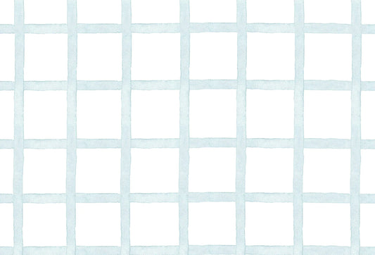 Papel tapiz con patrón geométrico de cuadrícula estilo acuarela en tono celeste pastel sobre fondo blanco.