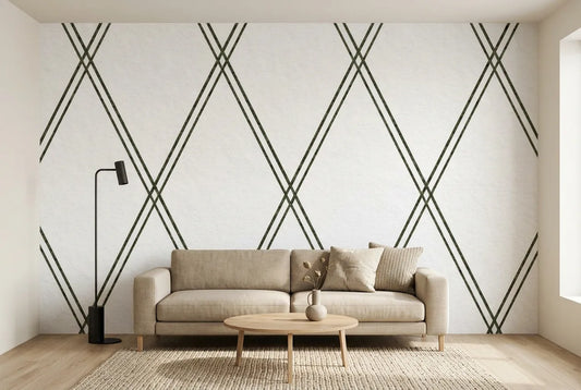Papel tapiz Quadrille Chic instalado en una sala de estar minimalista