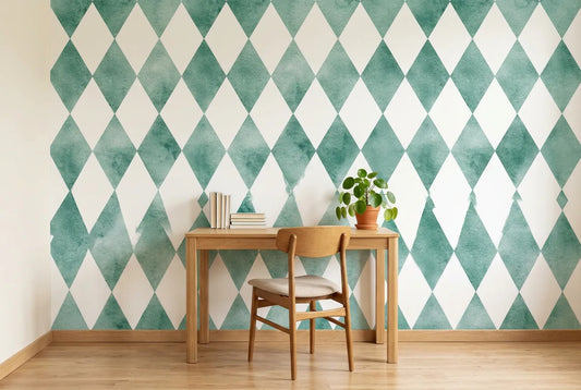 Papel tapiz Quadrille Jade instalado en un espacio de trabajo en casa