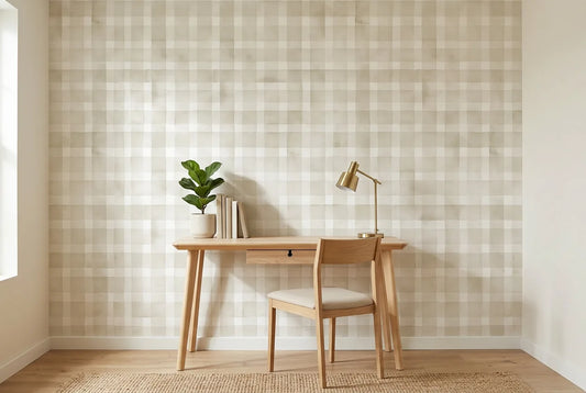 Papel tapiz Quadrille Lino instalado en un espacio de trabajo en casa